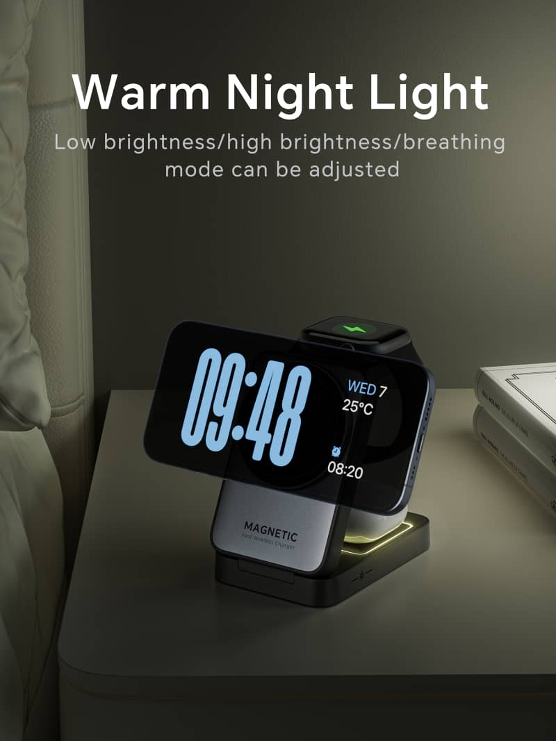 W91 Foldable 3-in-1 Magnetic Wireless Charger with Night Light (Qi2, 15W) MagSafe