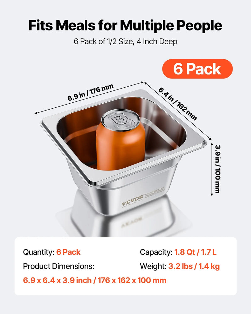 Nerūsējošā tērauda gastronomijas trauki, 1/6 izmērs, dziļums 100 mm, tilpums 1,7 l, 6 gab. komplekts