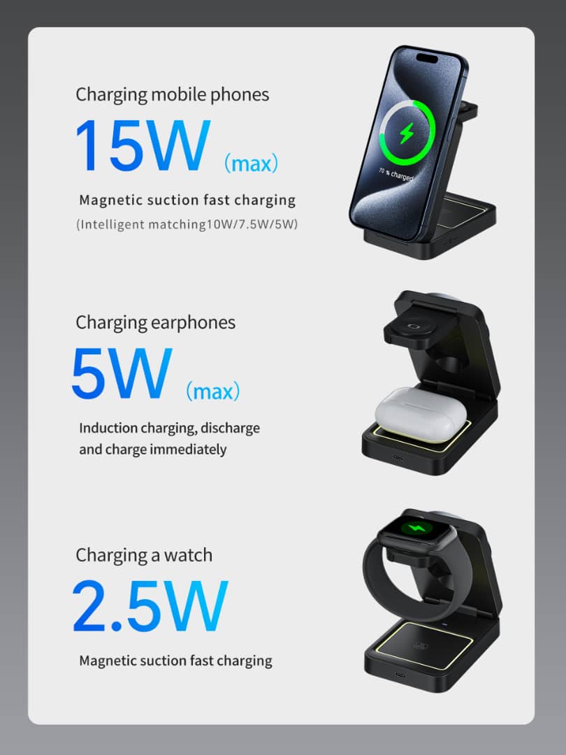 W91 Foldable 3-in-1 Magnetic Wireless Charger with Night Light (Qi2, 15W) MagSafe