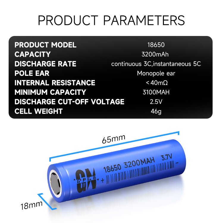 18650 litija jonu akumulators 3200mAh 3.7V 3C/5C uzlādējams elements 65x18mm 46g zema pretestība <40mΩ - ZEMLETES.LV