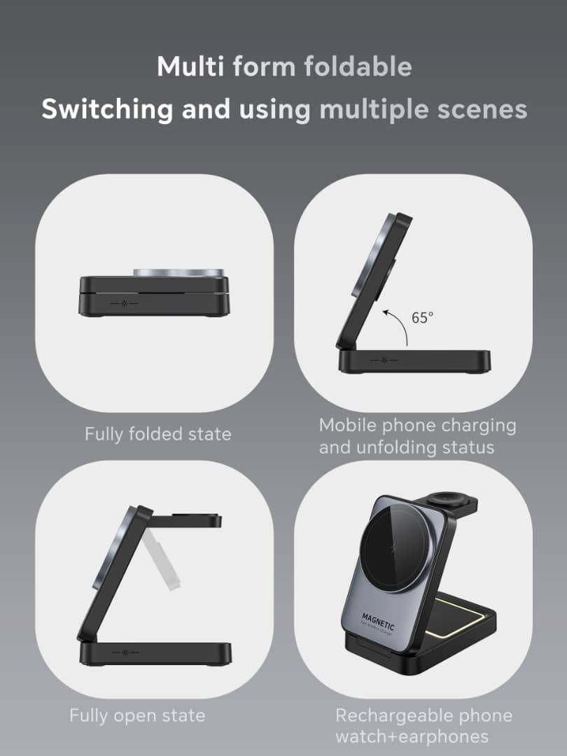 W91 Foldable 3-in-1 Magnetic Wireless Charger with Night Light (Qi2, 15W) MagSafe