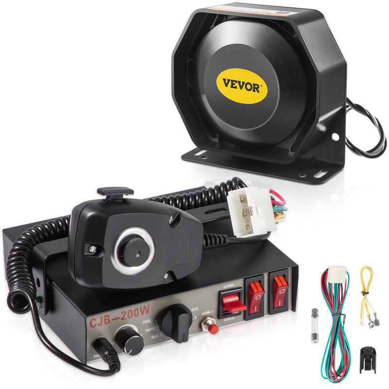 VEVOR 200 W avārijas brīdinājuma sirēnas komplekts ar 8 signāliem, PA skaļruni un mikrofonu – piemērots policijas, ātrās palīdzības, ugunsdzēsēju un speciālajiem dienestu transportlīdzekļiem