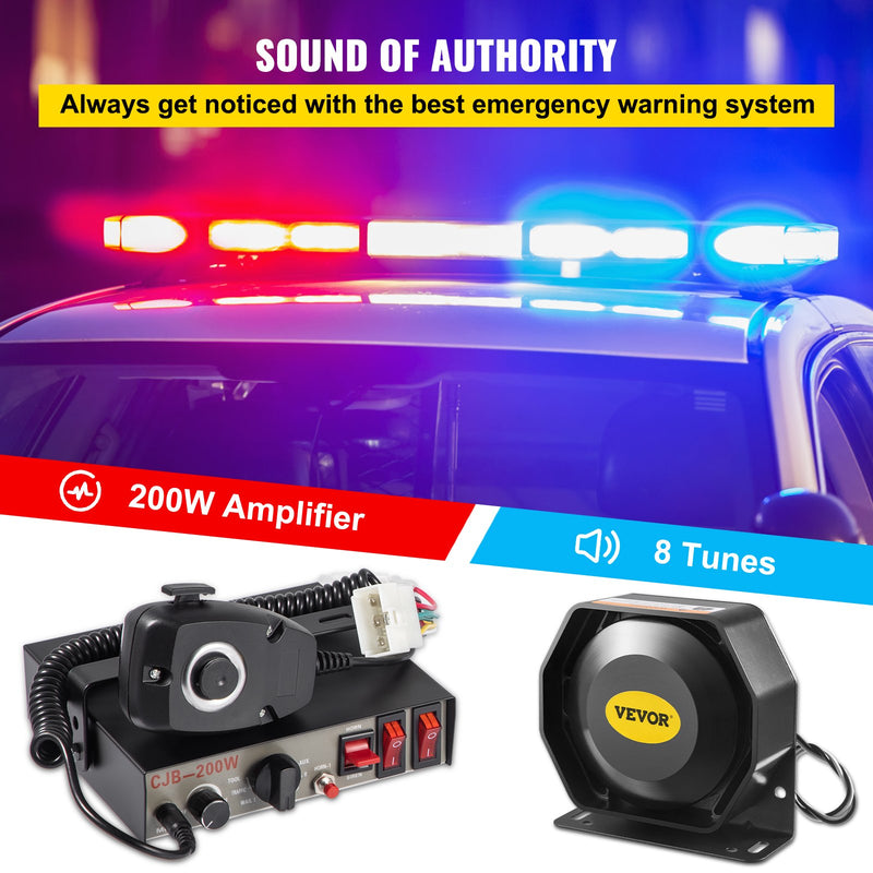 VEVOR 200 W avārijas brīdinājuma sirēnas komplekts ar 8 signāliem, PA skaļruni un mikrofonu – piemērots policijas, ātrās palīdzības, ugunsdzēsēju un speciālajiem dienestu transportlīdzekļiem