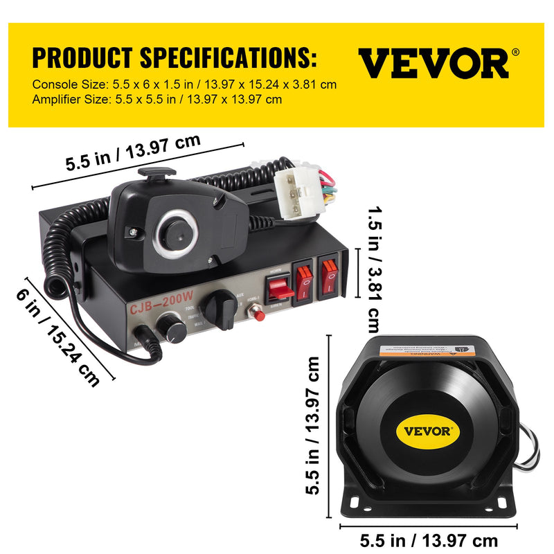 VEVOR 200 W avārijas brīdinājuma sirēnas komplekts ar 8 signāliem, PA skaļruni un mikrofonu – piemērots policijas, ātrās palīdzības, ugunsdzēsēju un speciālajiem dienestu transportlīdzekļiem