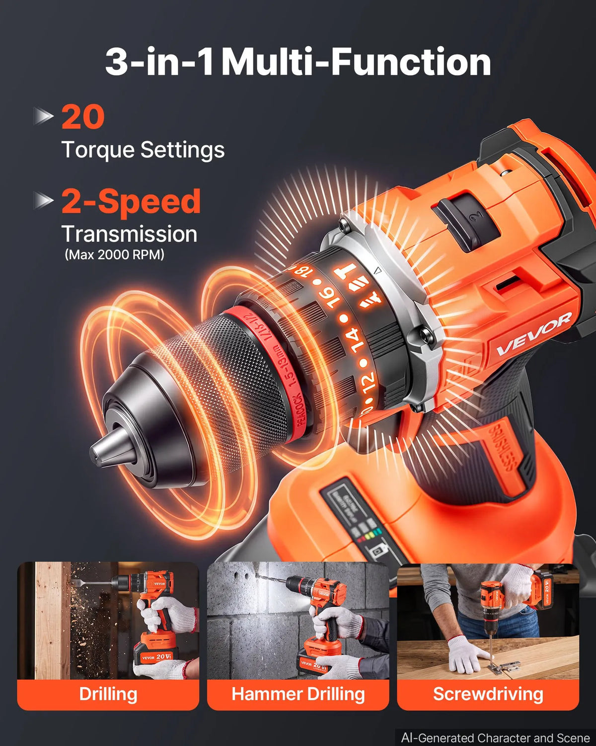 VEVOR Hammer Drill 20 V, 13 mm, 30 000 impacts/min, 4 Ah
