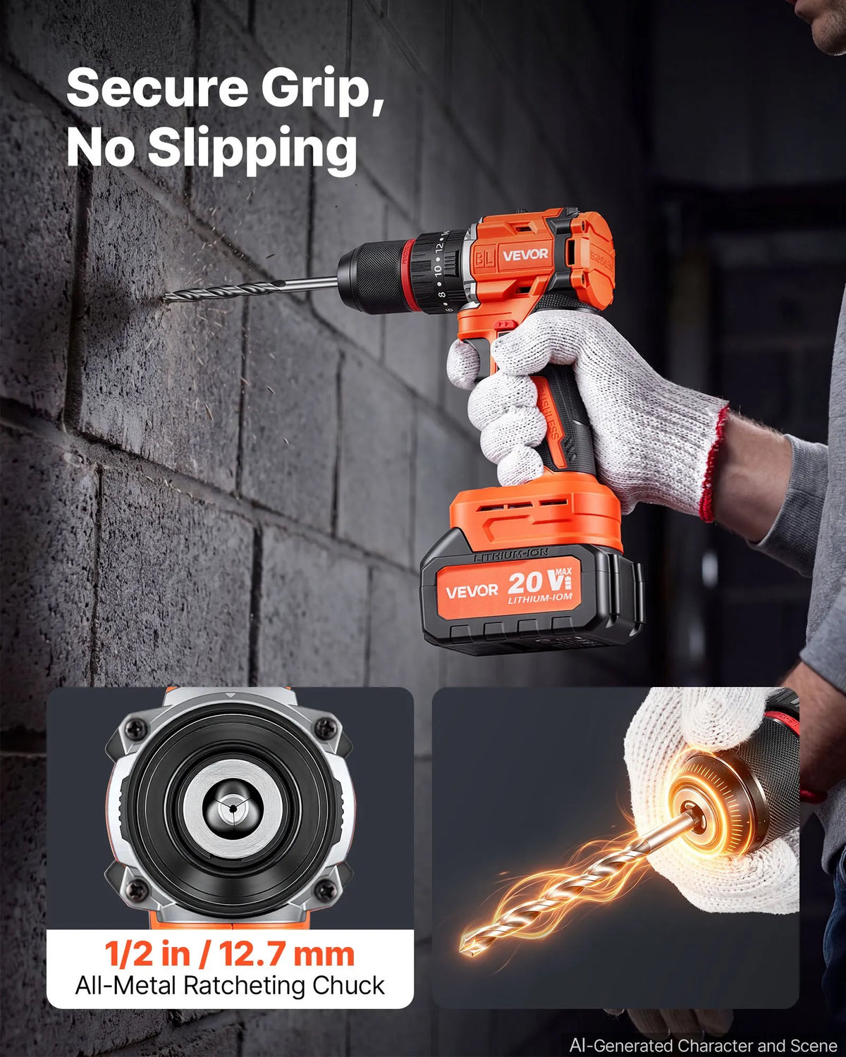 VEVOR Hammer Drill 20 V, 13 mm, 30 000 impacts/min, 4 Ah