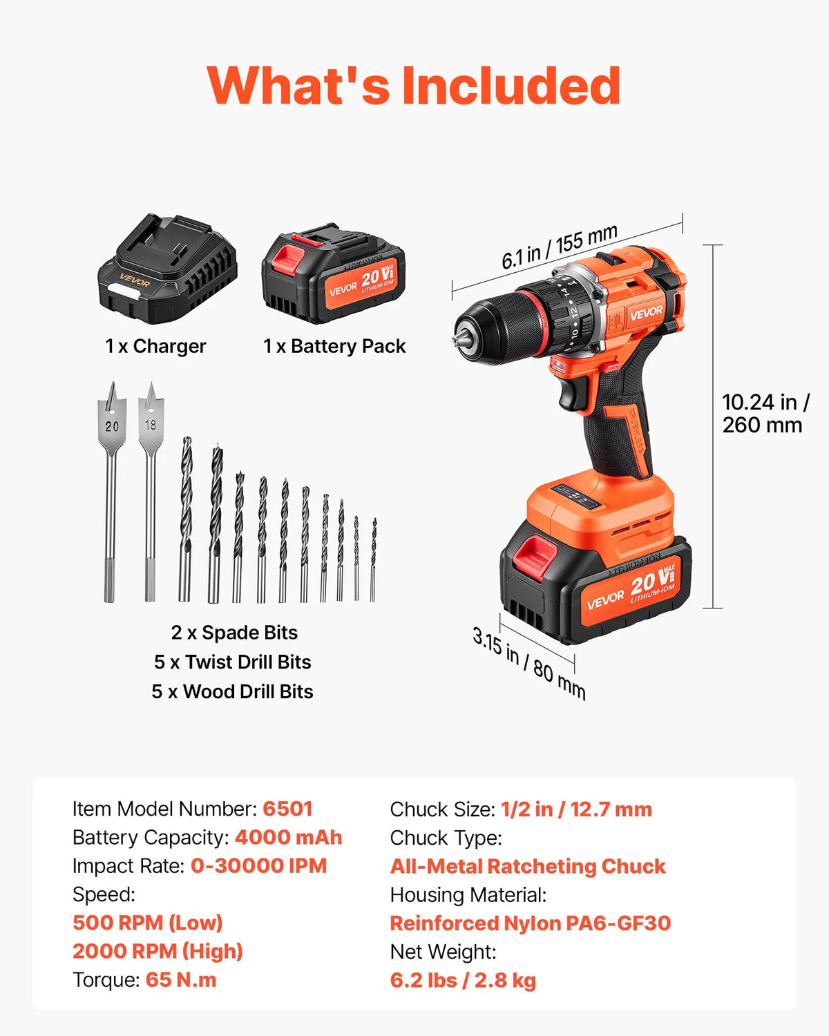 VEVOR Hammer Drill 20 V, 13 mm, 30 000 impacts/min, 4 Ah