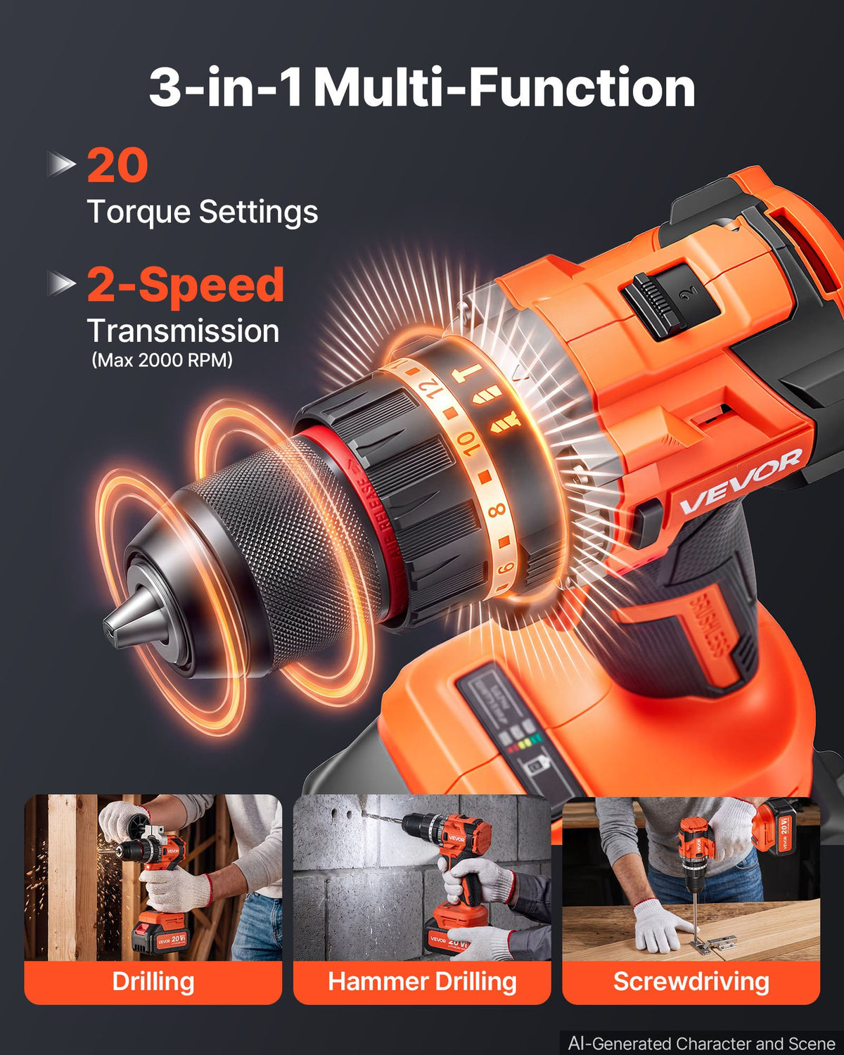 VEVOR Hammer Drill 20 V, 13 mm, 26 000 impacts/min, 4 Ah