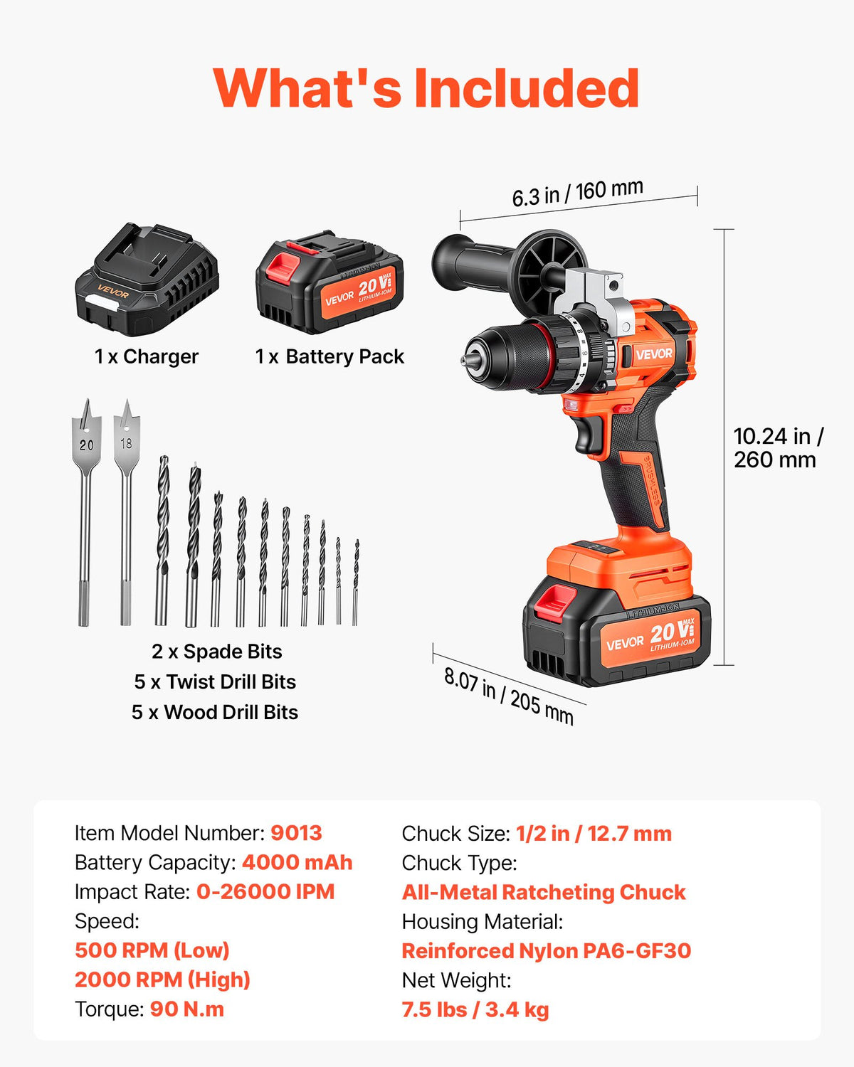 VEVOR Hammer Drill 20 V, 13 mm, 26 000 impacts/min, 4 Ah
