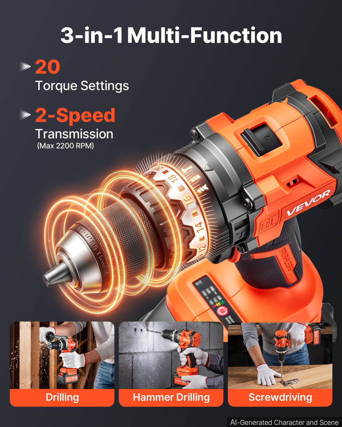 VEVOR triecienurbjmašīna 20 V, 13 mm, 24 000 triec./min, 4 Ah