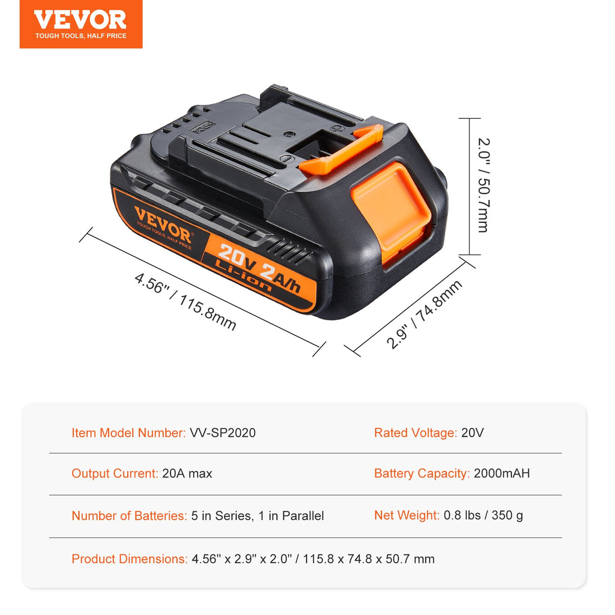 VEVOR 20 V 2.0 Ah Lithium-Ion Battery – High-Capacity Spare Battery for Cordless Power Tools, Compatible with 20 V Devices