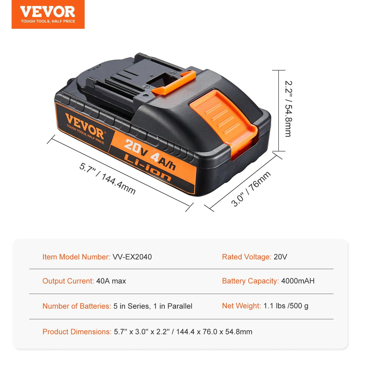 VEVOR 20 V 4.0 Ah Lithium-Ion Battery – High-Capacity Spare Battery Pack for Power Tools, Compatible with 20 V Cordless Power Tools