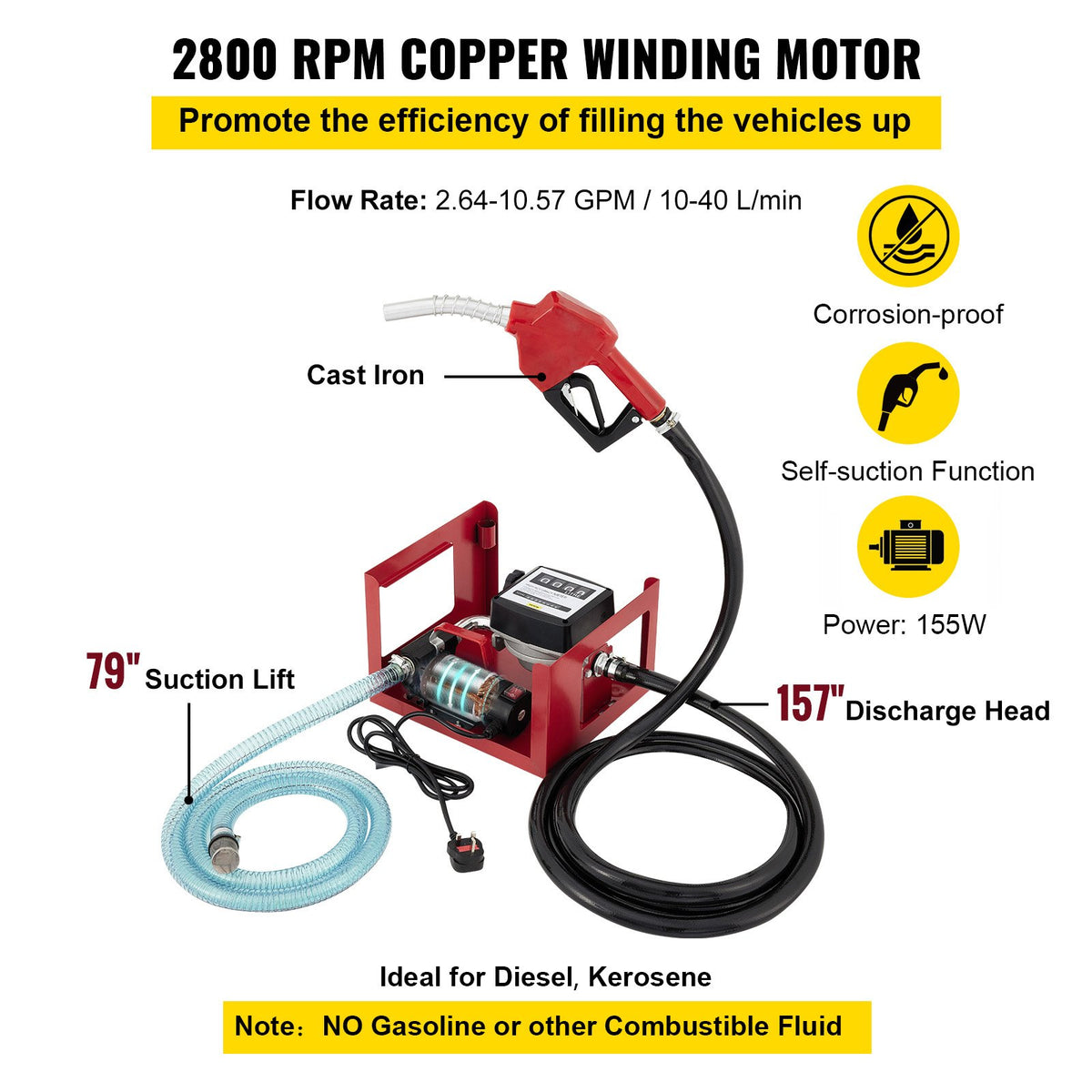 VEVOR Diesel Fuel Transfer Pump, 220 V, 40 l/min, Self-Priming Electric Pump for Oil and Diesel