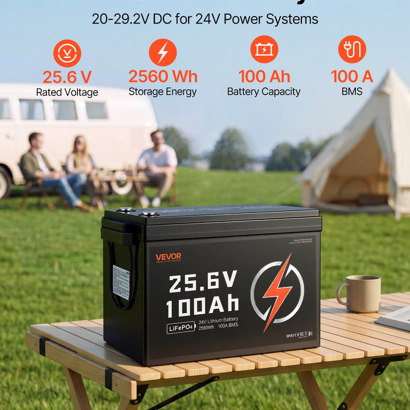 VEVOR 24 V 100 Ah LiFePO4 akumulators, Bluetooth, 100 A BMS, 2560 Wh