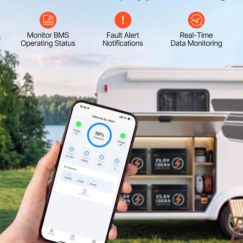 VEVOR 24 V 100 Ah LiFePO4 akumulators, Bluetooth, 100 A BMS, 2560 Wh