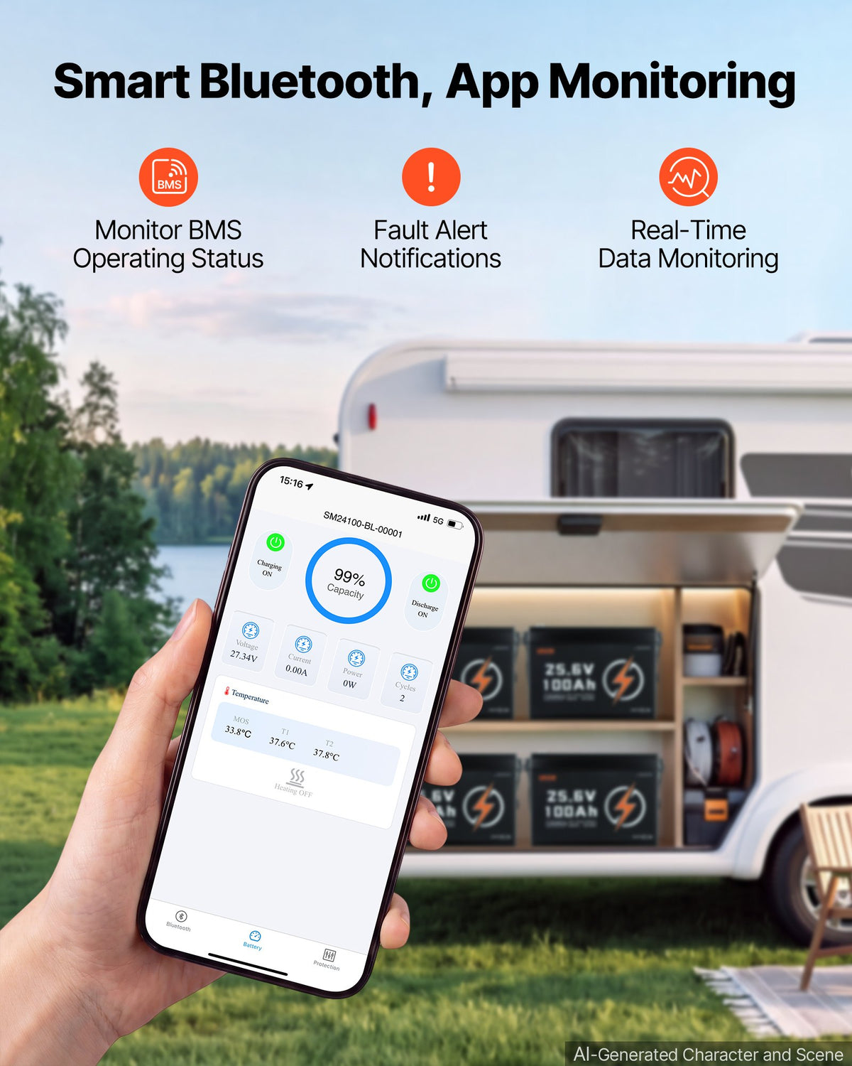 VEVOR 24 V 100 Ah LiFePO4 akumulators, Bluetooth, 100 A BMS, 2560 Wh