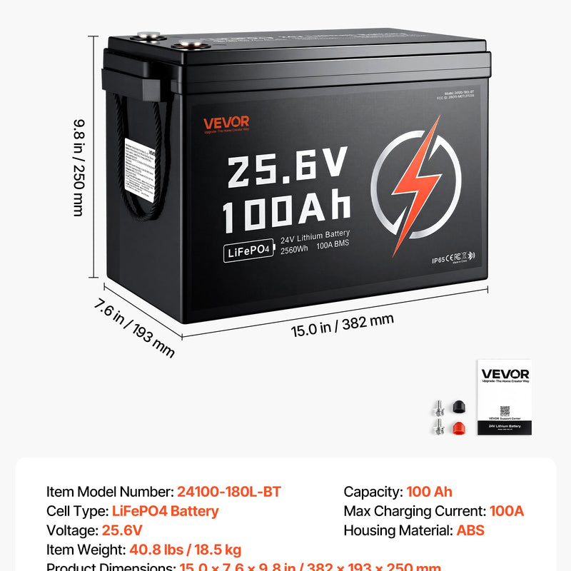 VEVOR 24 V 100 Ah LiFePO4 akumulators, Bluetooth, 100 A BMS, 2560 Wh