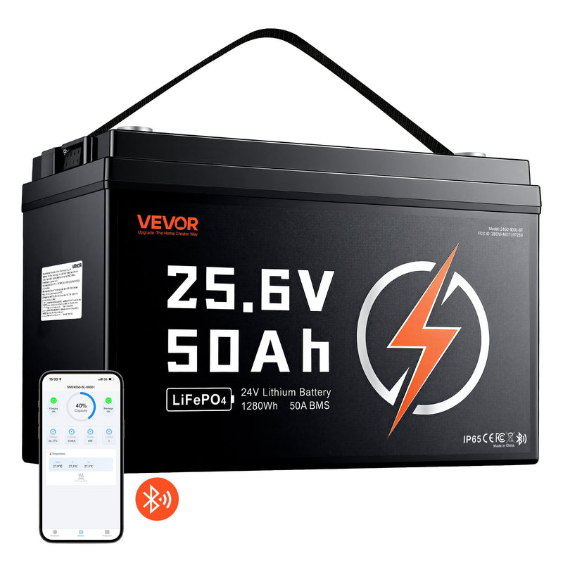 VEVOR 24 V 50 Ah LiFePO4 akumulators, Bluetooth, 50 A BMS, 1280 Wh