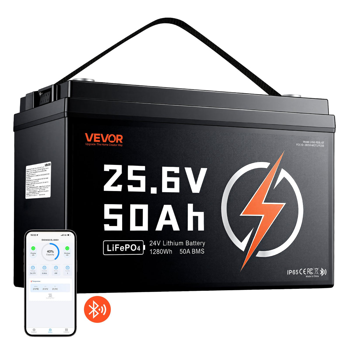 VEVOR 24 V 50 Ah LiFePO4 akumulators, Bluetooth, 50 A BMS, 1280 Wh