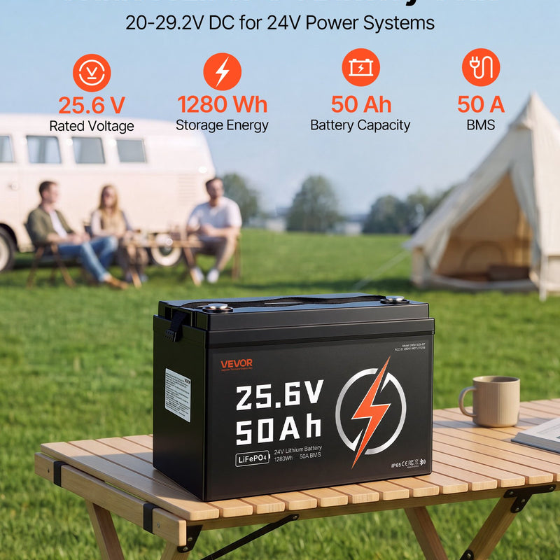 VEVOR 24 V 50 Ah LiFePO4 akumulators, Bluetooth, 50 A BMS, 1280 Wh