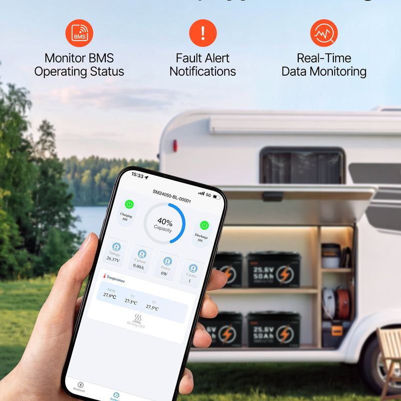 VEVOR 24 V 50 Ah LiFePO4 akumulators, Bluetooth, 50 A BMS, 1280 Wh