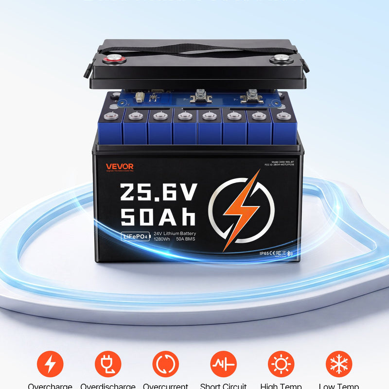 VEVOR 24 V 50 Ah LiFePO4 akumulators, Bluetooth, 50 A BMS, 1280 Wh