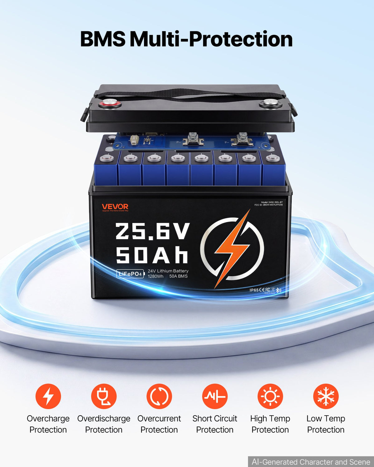 VEVOR 24 V 50 Ah LiFePO4 akumulators, Bluetooth, 50 A BMS, 1280 Wh