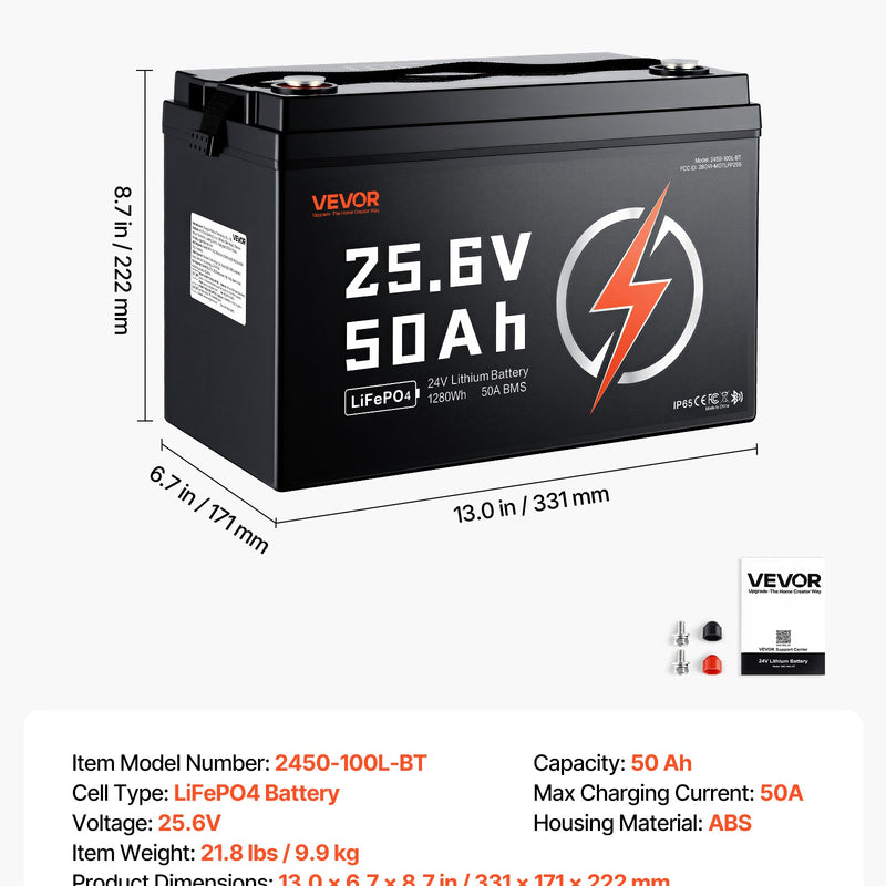 VEVOR 24 V 50 Ah LiFePO4 akumulators, Bluetooth, 50 A BMS, 1280 Wh