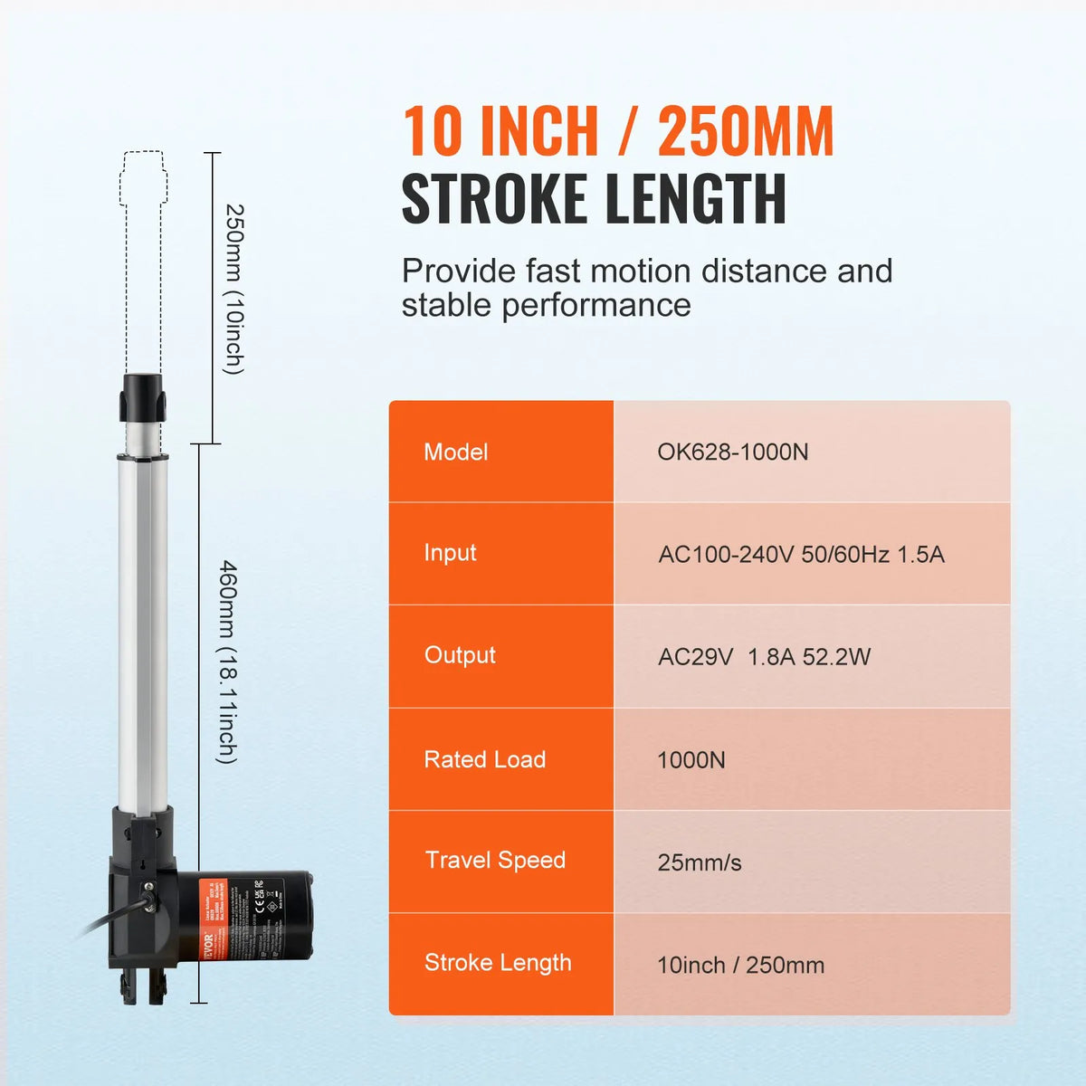 VEVOR 24 V lineaaraktuaatori komplekt, pikkus 25,4 cm, kiirus 2,5 cm/s, tõmbejõud 99,8 kg / 1000 N, kaitseklass IP44
