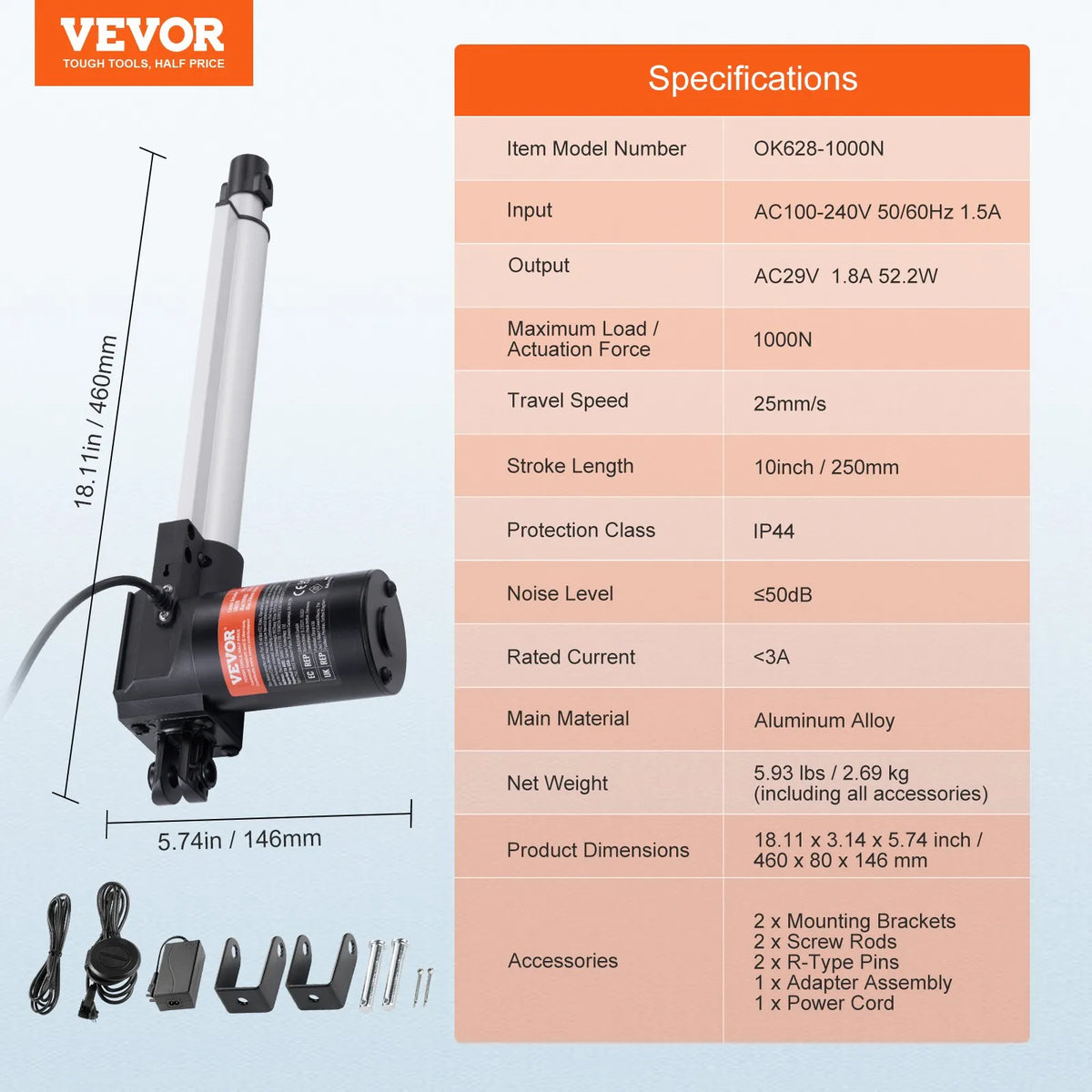 VEVOR 24 V lineaaraktuaatori komplekt, pikkus 25,4 cm, kiirus 2,5 cm/s, tõmbejõud 99,8 kg / 1000 N, kaitseklass IP44