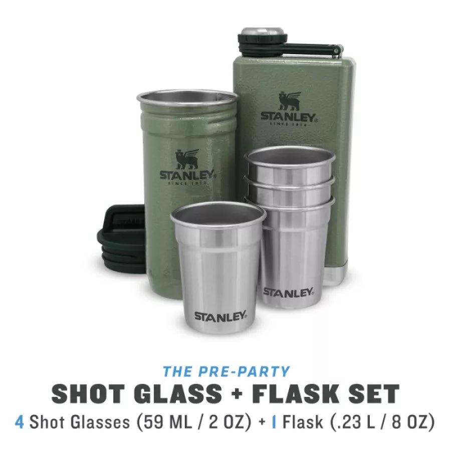 Stanley dāvanu komplekts The Pre-Party Shot Glass + Flask Set, degvīna glāzītes 4gb 50mL un blašķe 0,23L zaļš