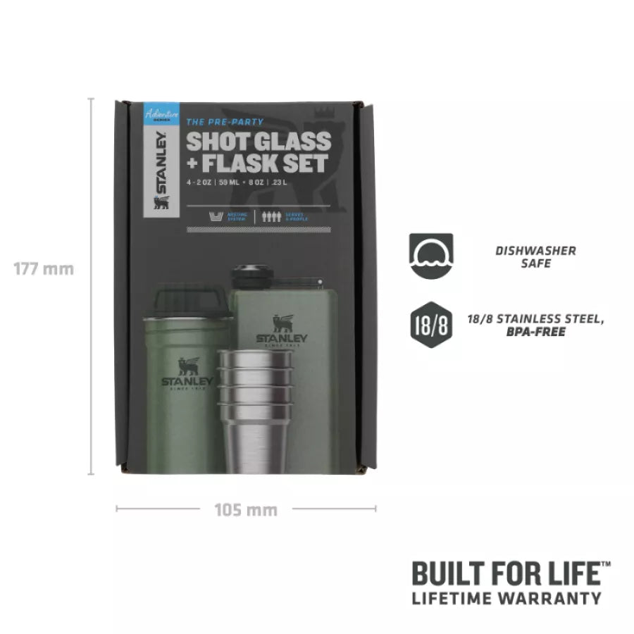 Stanley dāvanu komplekts The Pre-Party Shot Glass + Flask Set, degvīna glāzītes 4gb 50mL un blašķe 0,23L zaļš