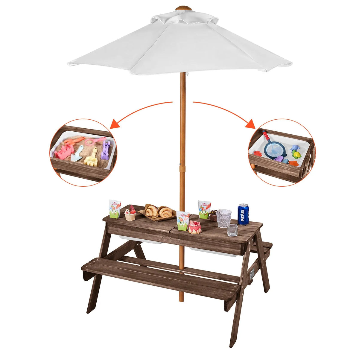 VEVOR Children's Picnic Table with Umbrella, Outdoor Wooden Table with Benches and 2 Storage Boxes, 4-Seater Patio Dining Set for Garden, Yard and Porch (Walnut Colour)