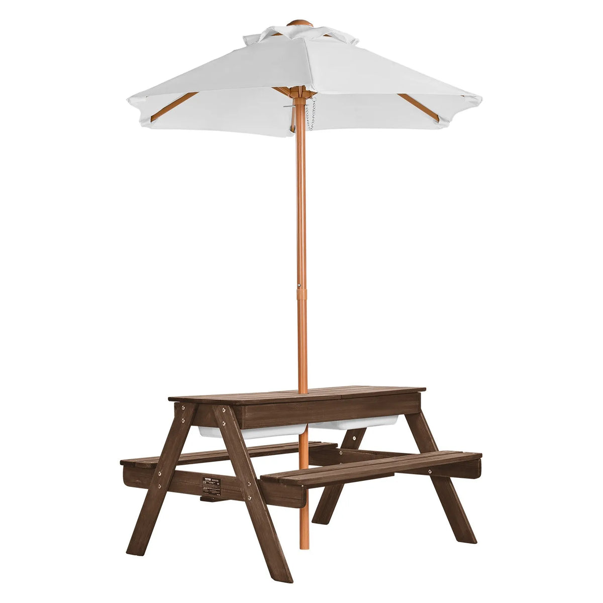 VEVOR Children's Picnic Table with Umbrella, Outdoor Wooden Table with Benches and 2 Storage Boxes, 4-Seater Patio Dining Set for Garden, Yard and Porch (Walnut Colour)
