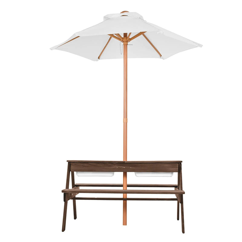 VEVOR bērnu piknika galds ar saulessargu,  āra koka galds ar soliņiem un 2 tvertnēm, 4-vietīgs terases ēdamkomplekts dārzam, pagalmam un verandai (valrieksta krāsā)