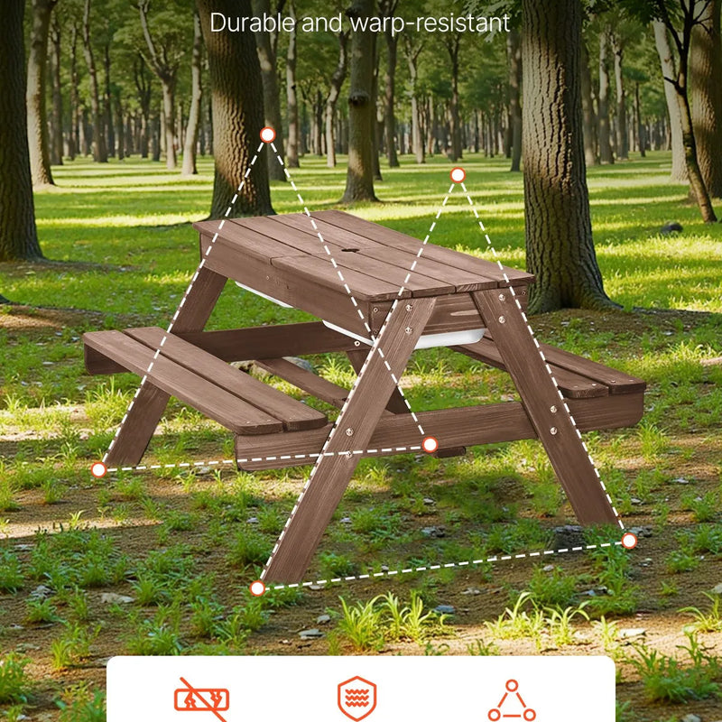 VEVOR bērnu piknika galds ar saulessargu,  āra koka galds ar soliņiem un 2 tvertnēm, 4-vietīgs terases ēdamkomplekts dārzam, pagalmam un verandai (valrieksta krāsā)