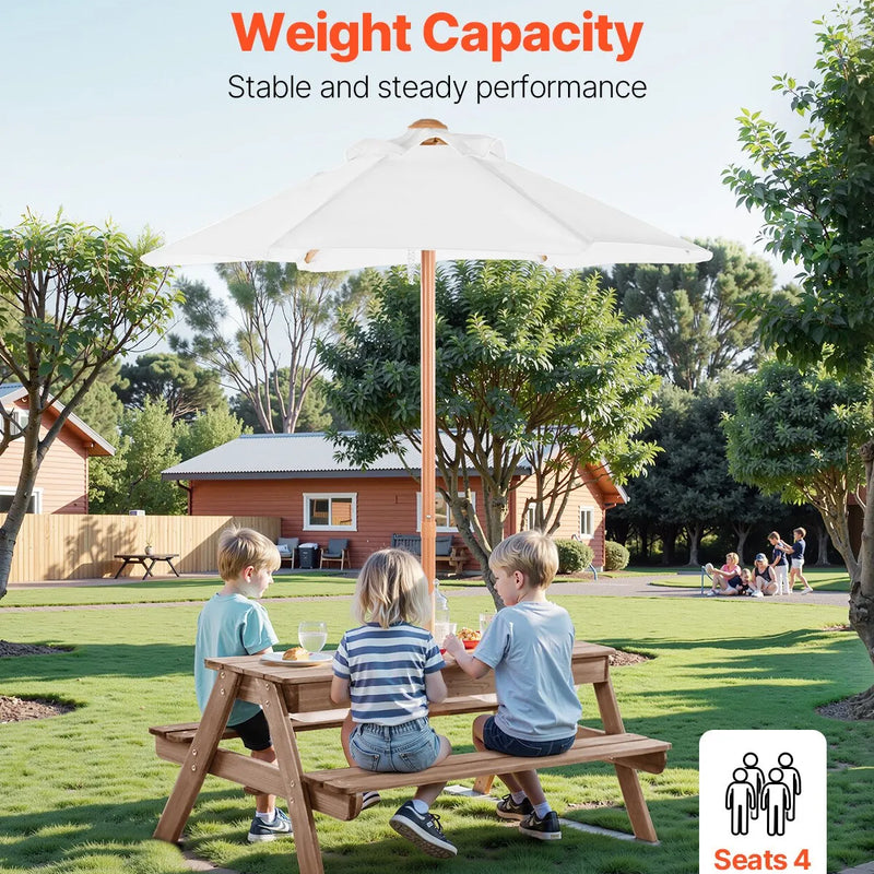 VEVOR bērnu piknika galds ar saulessargu,  āra koka galds ar soliņiem un 2 tvertnēm, 4-vietīgs terases ēdamkomplekts dārzam, pagalmam un verandai (valrieksta krāsā)