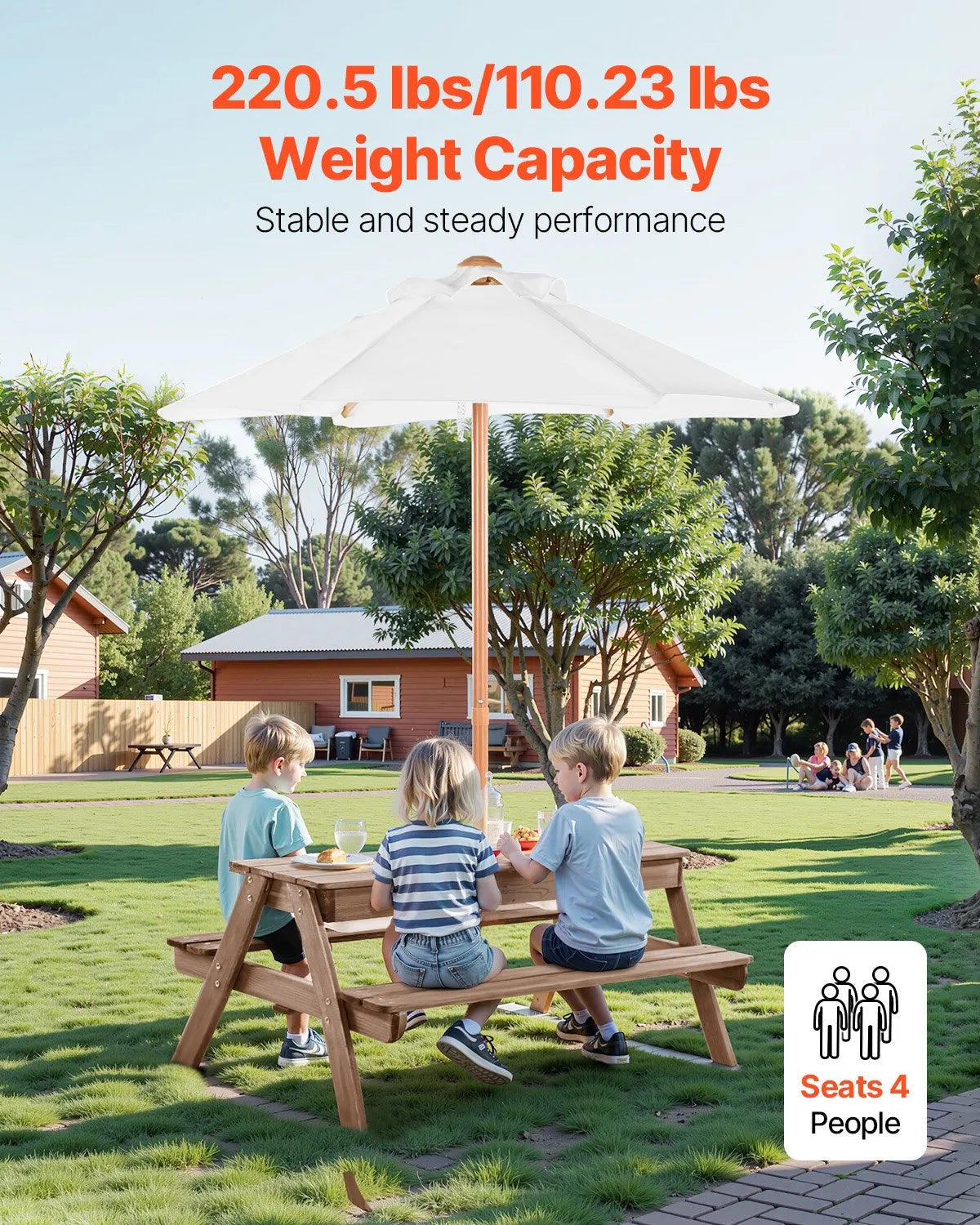 VEVOR Children's Picnic Table with Umbrella, Outdoor Wooden Table with Benches and 2 Storage Boxes, 4-Seater Patio Dining Set for Garden, Yard and Porch (Walnut Colour)