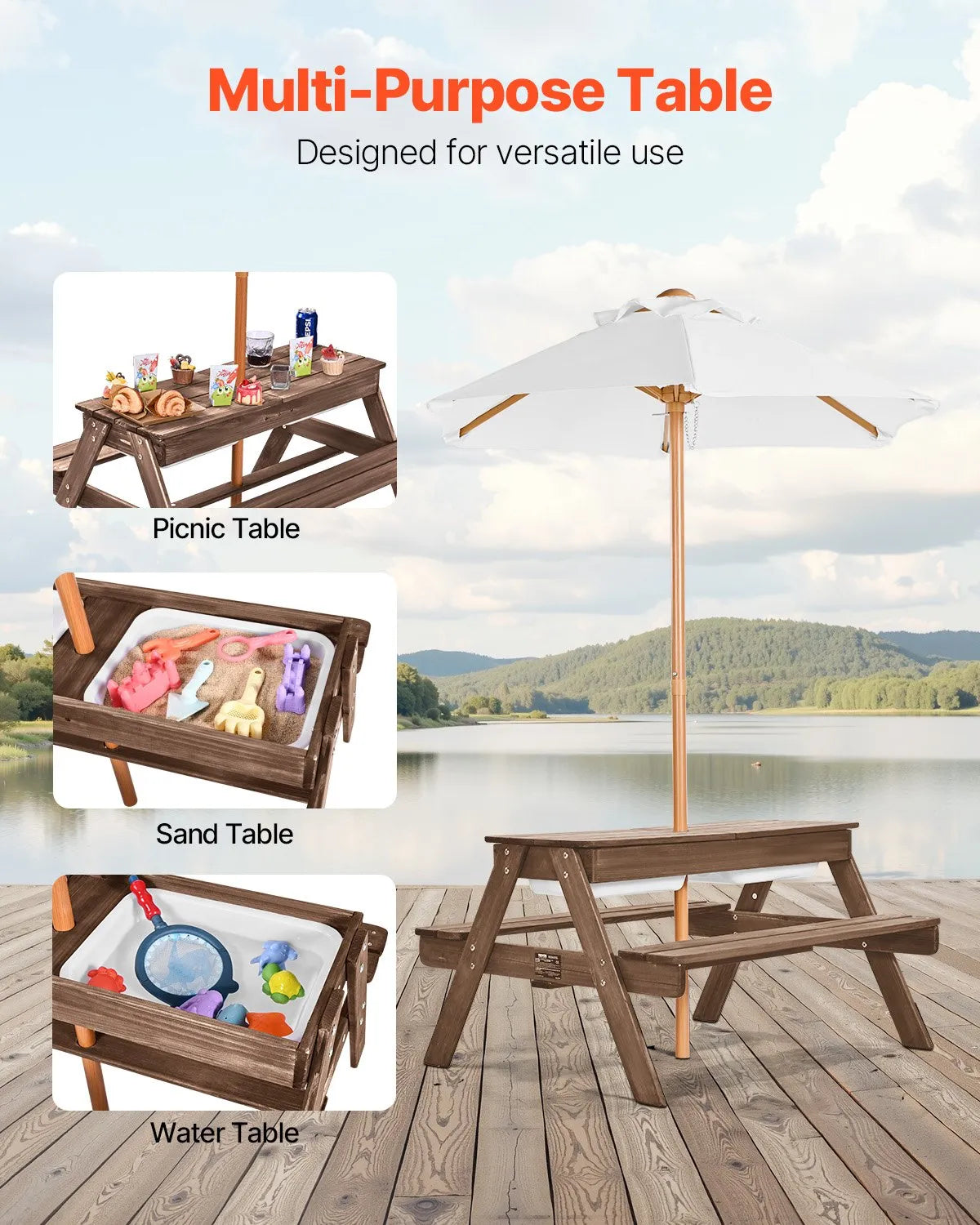 VEVOR Children's Picnic Table with Umbrella, Outdoor Wooden Table with Benches and 2 Storage Boxes, 4-Seater Patio Dining Set for Garden, Yard and Porch (Walnut Colour)