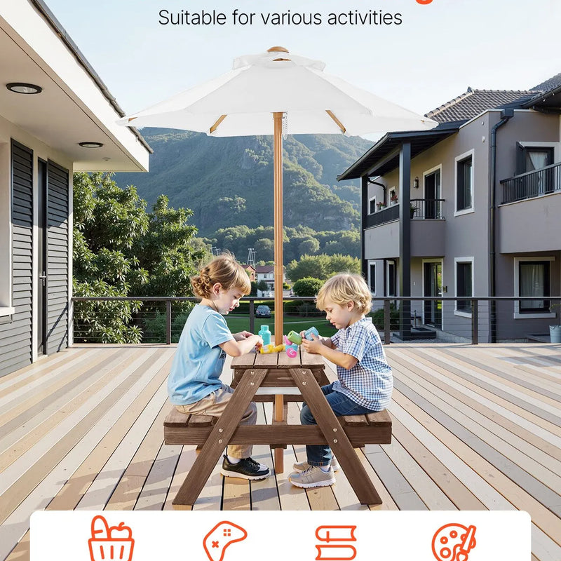 VEVOR bērnu piknika galds ar saulessargu,  āra koka galds ar soliņiem un 2 tvertnēm, 4-vietīgs terases ēdamkomplekts dārzam, pagalmam un verandai (valrieksta krāsā)