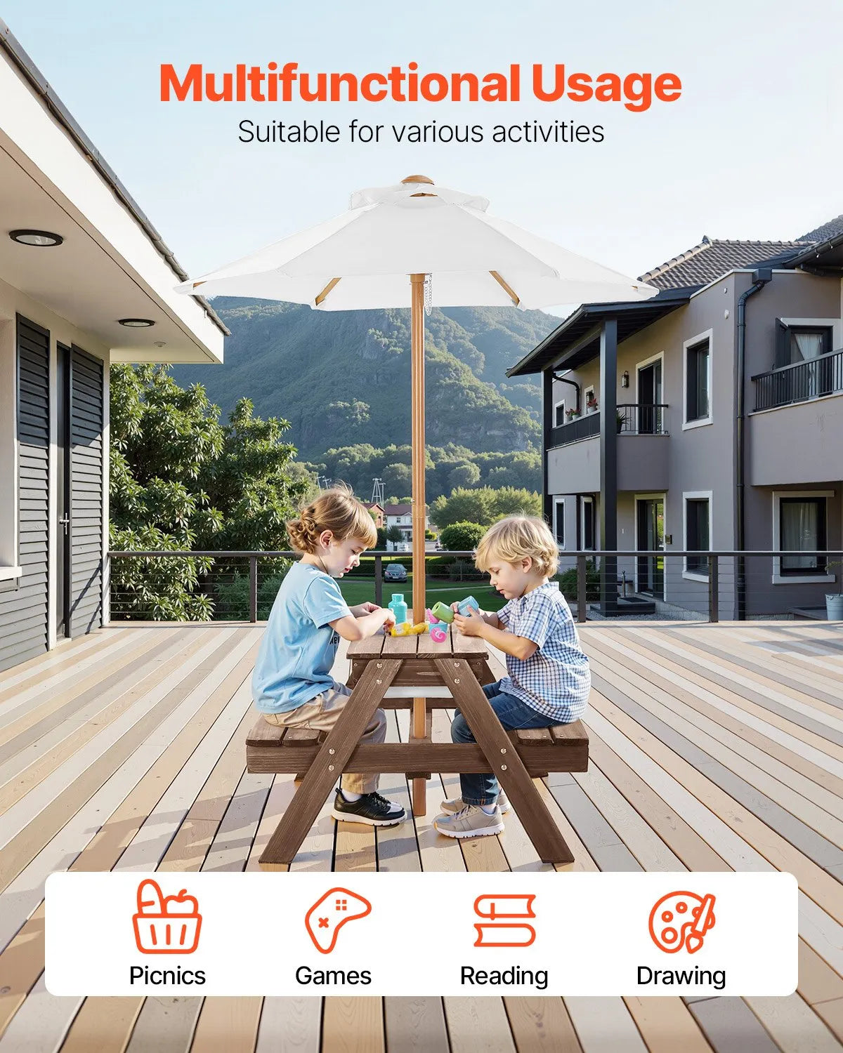 VEVOR Children's Picnic Table with Umbrella, Outdoor Wooden Table with Benches and 2 Storage Boxes, 4-Seater Patio Dining Set for Garden, Yard and Porch (Walnut Colour)