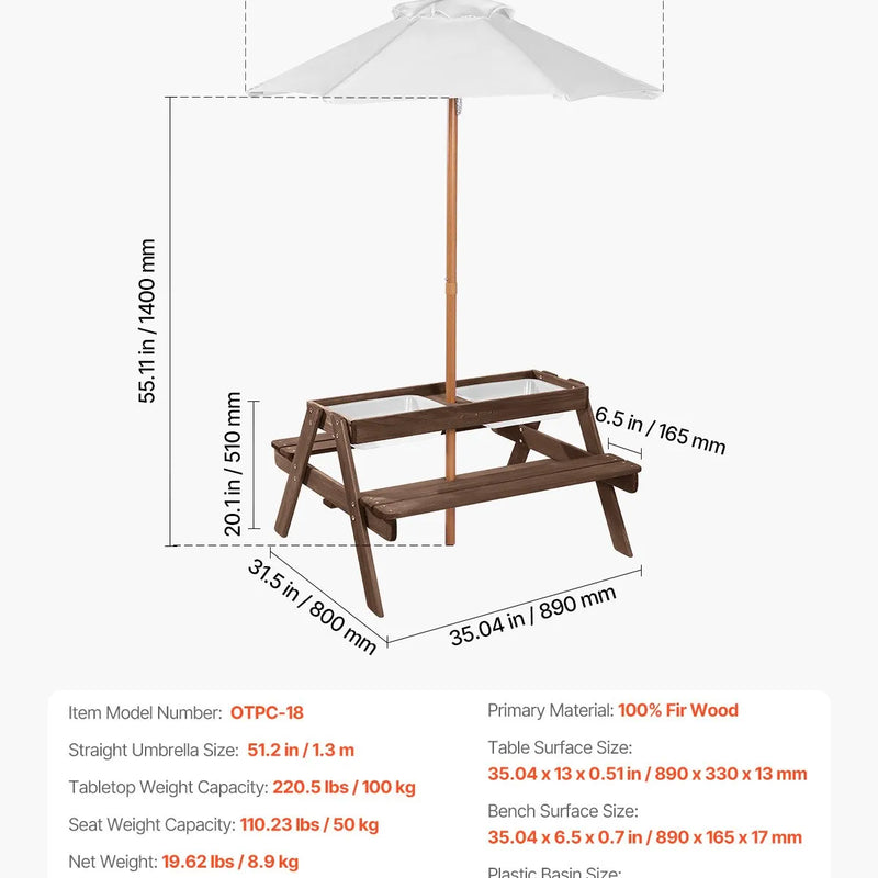 VEVOR bērnu piknika galds ar saulessargu,  āra koka galds ar soliņiem un 2 tvertnēm, 4-vietīgs terases ēdamkomplekts dārzam, pagalmam un verandai (valrieksta krāsā)
