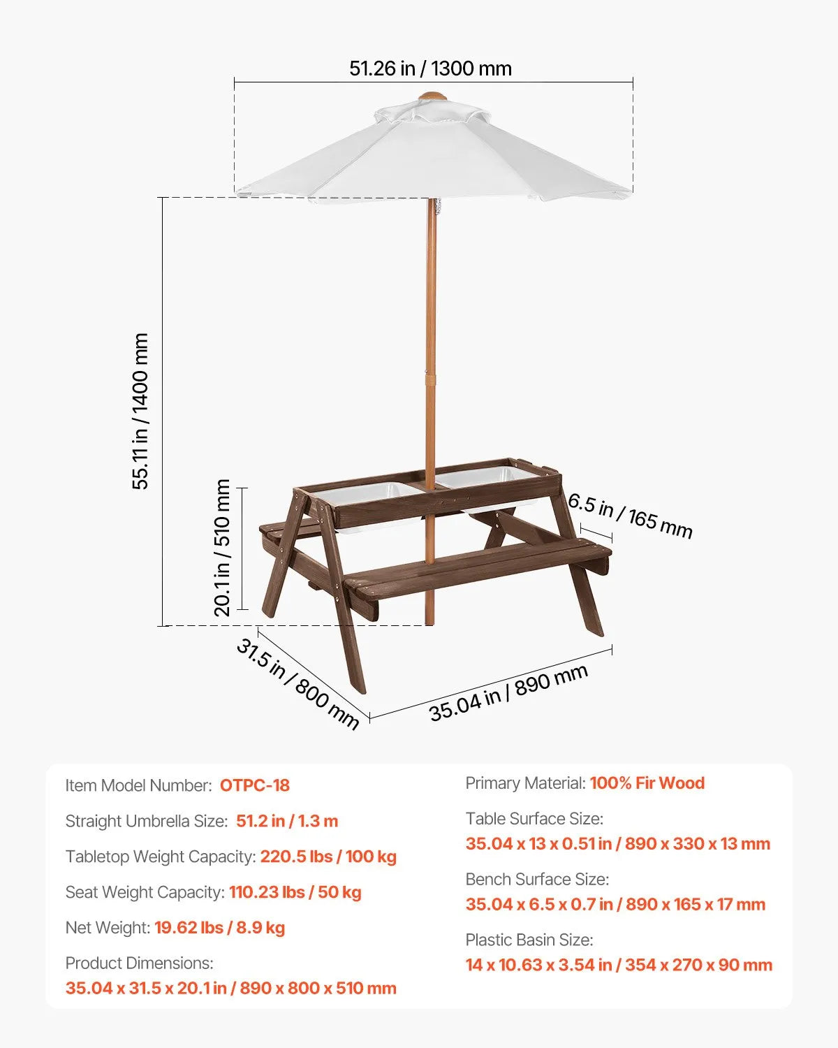 VEVOR Children's Picnic Table with Umbrella, Outdoor Wooden Table with Benches and 2 Storage Boxes, 4-Seater Patio Dining Set for Garden, Yard and Porch (Walnut Colour)