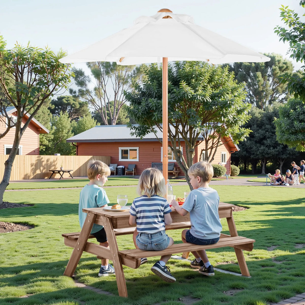 VEVOR Children's Picnic Table with Umbrella, Outdoor Wooden Table with Benches and 2 Storage Boxes, 4-Seater Patio Dining Set for Garden, Yard and Porch (Walnut Colour)