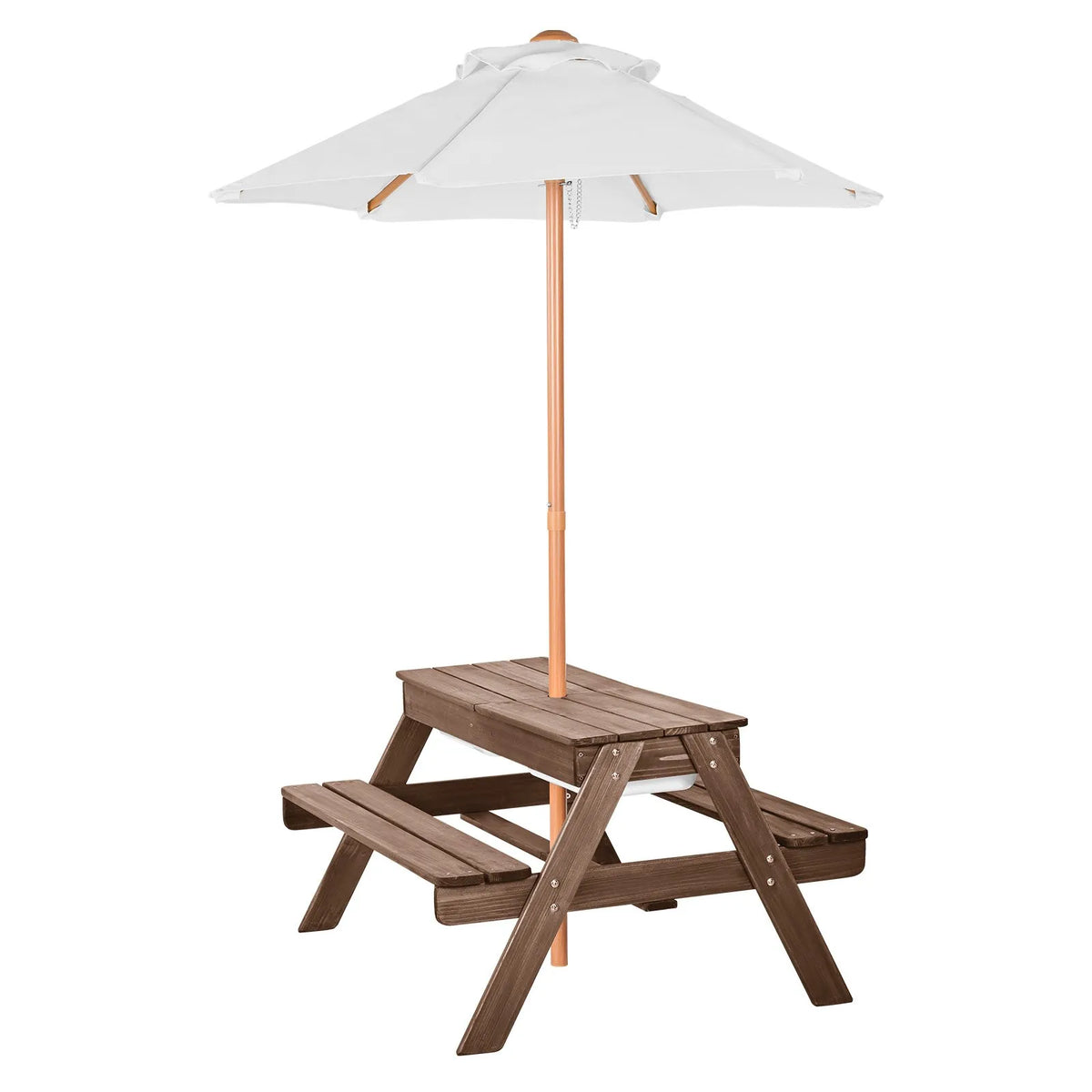VEVOR Children's Picnic Table with Umbrella, Outdoor Wooden Table with Benches and 2 Storage Boxes, 4-Seater Patio Dining Set for Garden, Yard and Porch (Walnut Colour)