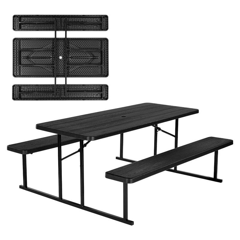 VEVOR saliekamais piknika galds, 6 pēdu tērauda āra galds ar soliņiem un saulessarga caurumu, liela izmēra dārza, terases un baseina ēdamgalds, melns