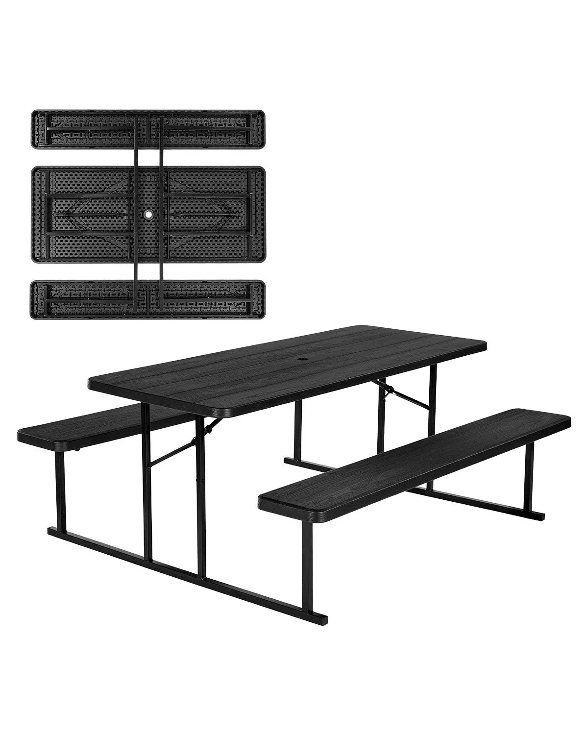 VEVOR Folding Picnic Table, 6 Feet Steel Outdoor Table with Benches and Umbrella Hole, Large Garden Patio and Pool Dining Table, Black