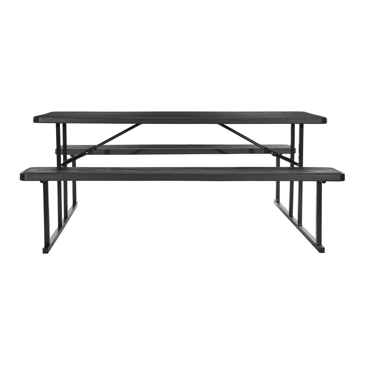 VEVOR Folding Picnic Table, 6 Feet Steel Outdoor Table with Benches and Umbrella Hole, Large Garden Patio and Pool Dining Table, Black