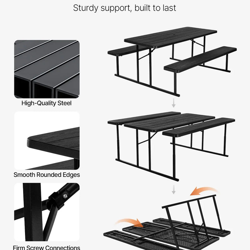 VEVOR saliekamais piknika galds, 6 pēdu tērauda āra galds ar soliņiem un saulessarga caurumu, liela izmēra dārza, terases un baseina ēdamgalds, melns