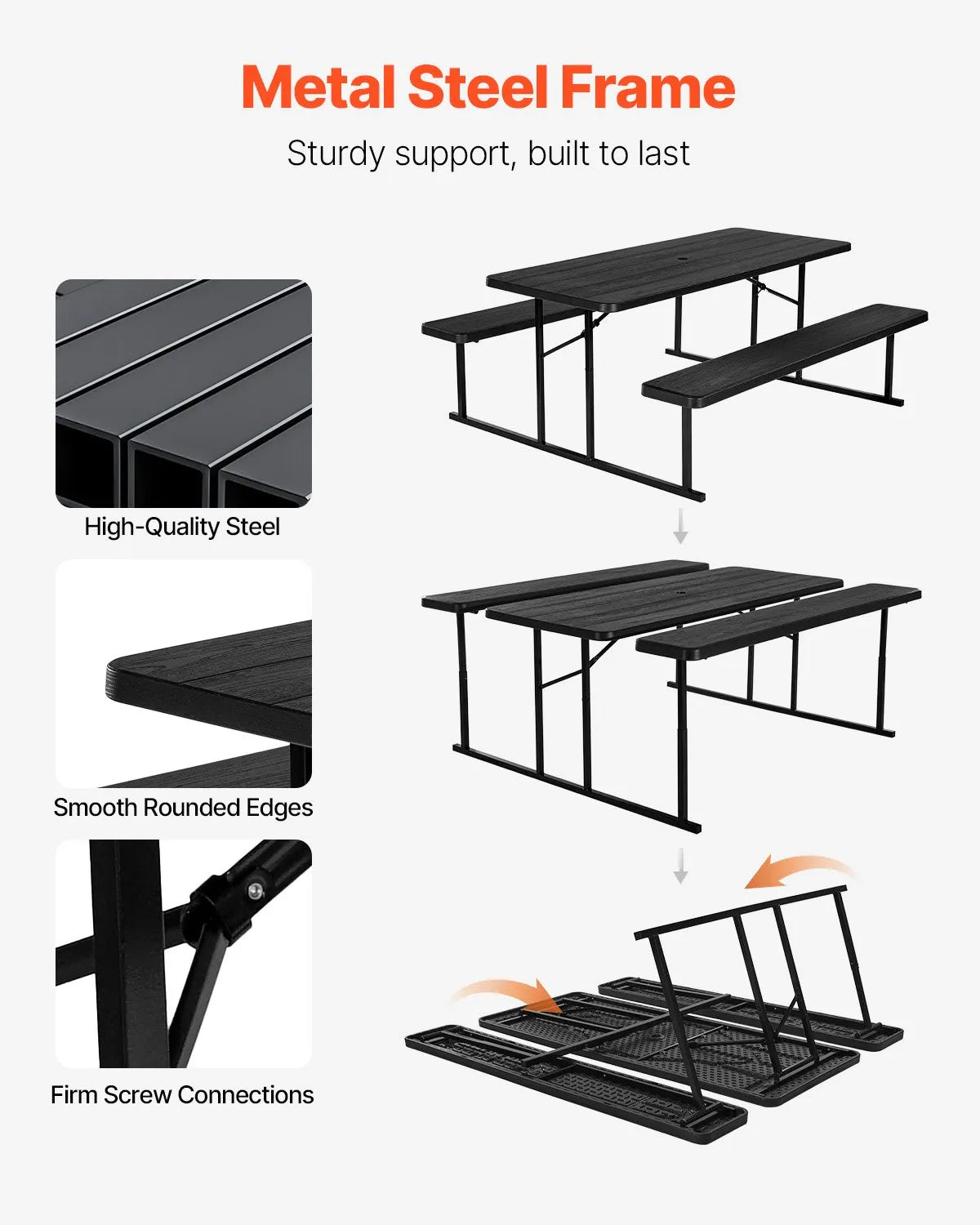 VEVOR Folding Picnic Table, 6 Feet Steel Outdoor Table with Benches and Umbrella Hole, Large Garden Patio and Pool Dining Table, Black